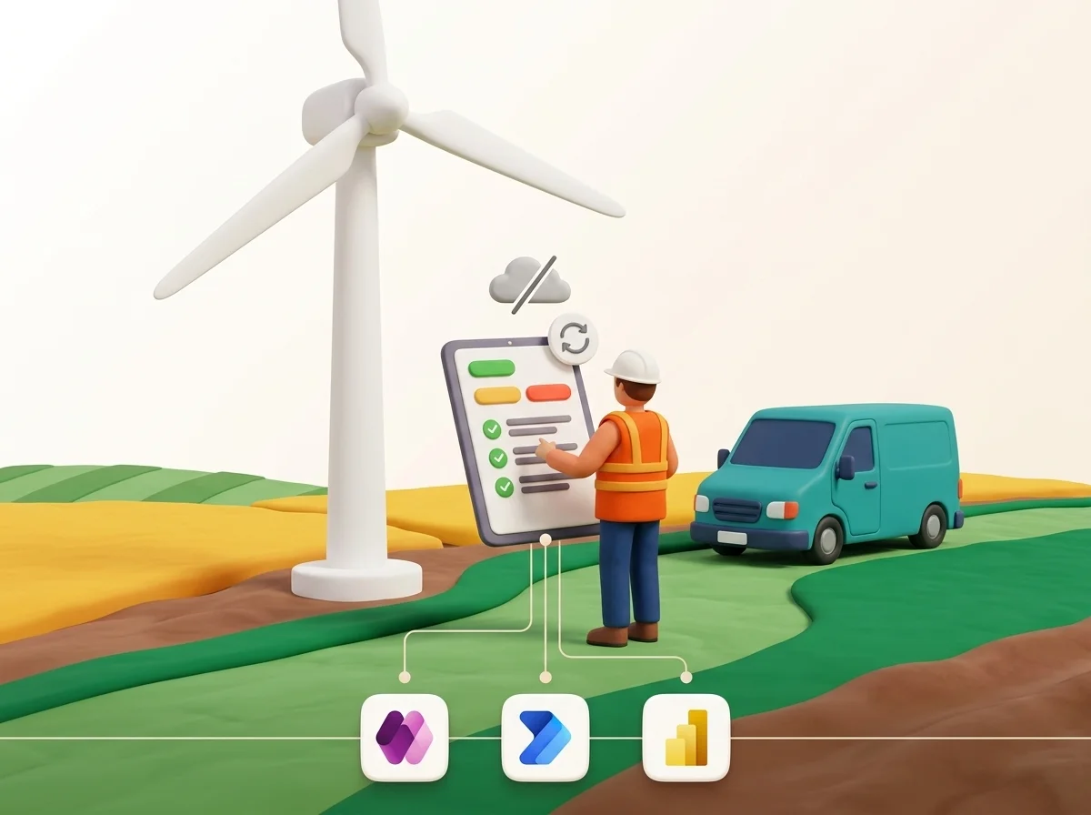 Un technicien saisit son compte rendu sur tablette au pied d'une éolienne, hors réseau, synchronisation en attente