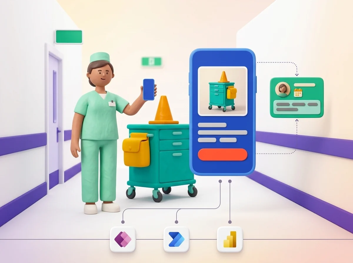 Une soignante déclare un événement indésirable depuis son téléphone, photo du chariot de soins comprise