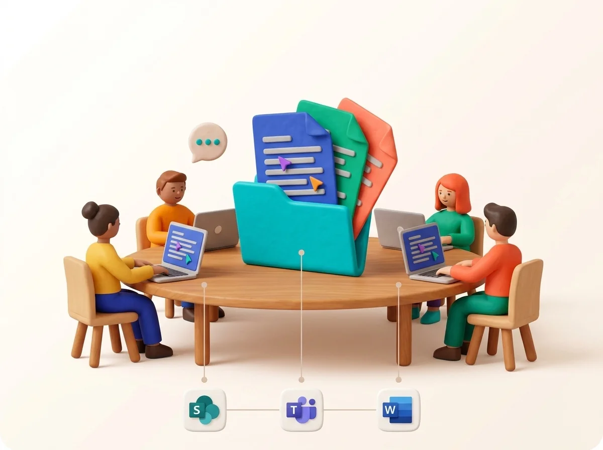 Une équipe travaille à plusieurs sur les mêmes documents rangés dans son site SharePoint, relié à Teams