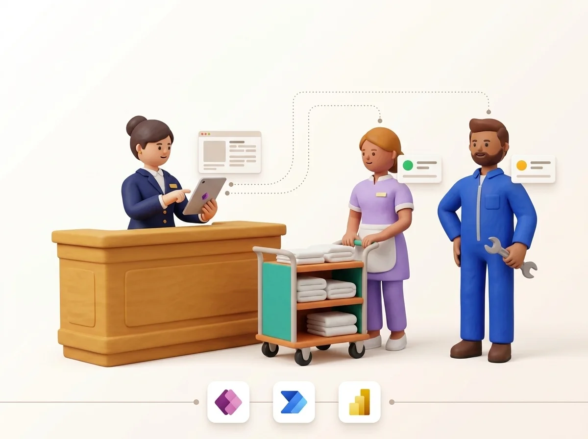 La réception dispatche une demande client vers les étages et la maintenance, chacun avec son échéance